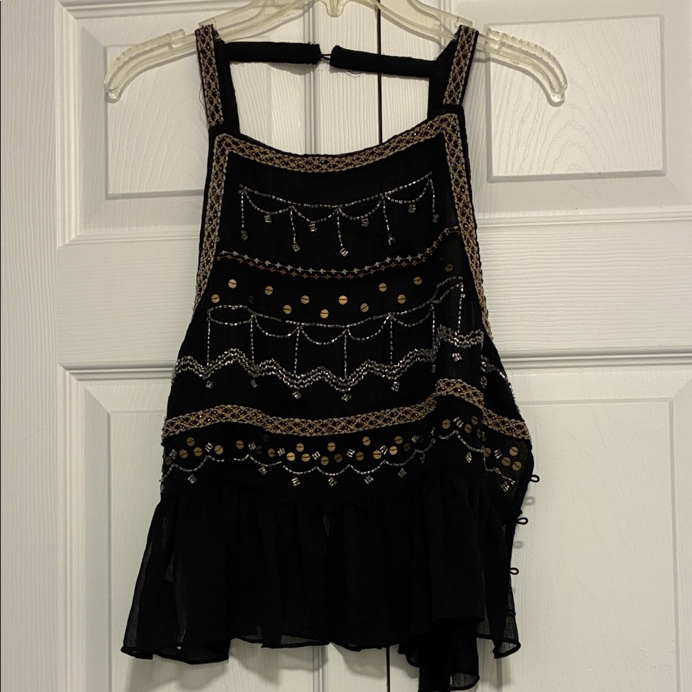 Free People Black Embellished Chiffon Hem Cami